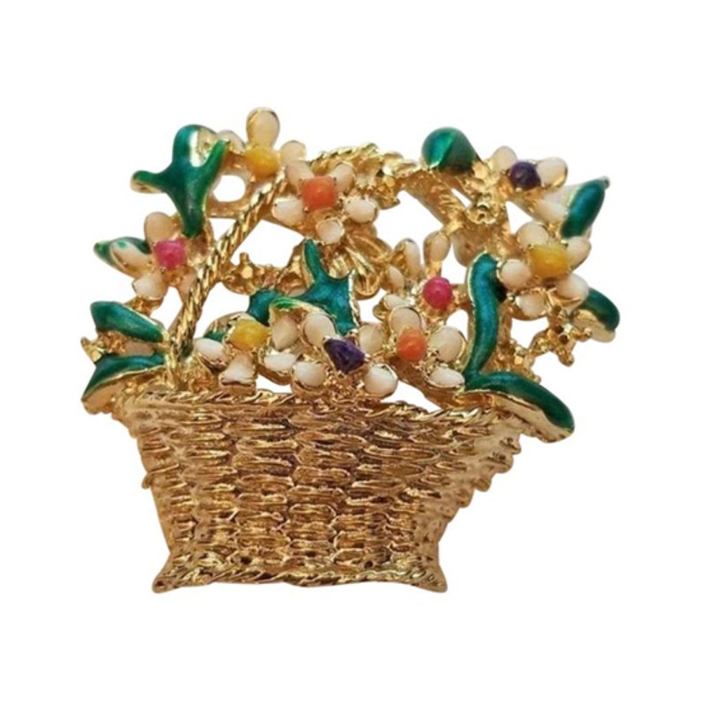 Beautiful Enamel Flower Basket Brooch